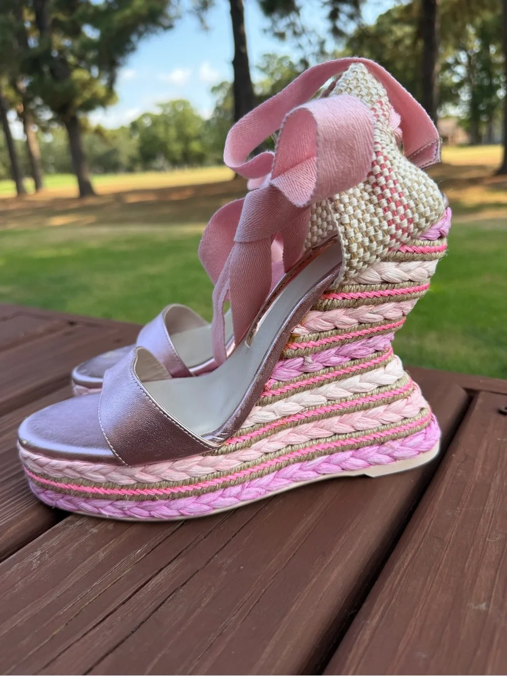 Sophia Webster Lucita Pink Metallic Raffia Wedge Sandals EU 39 US 8.5